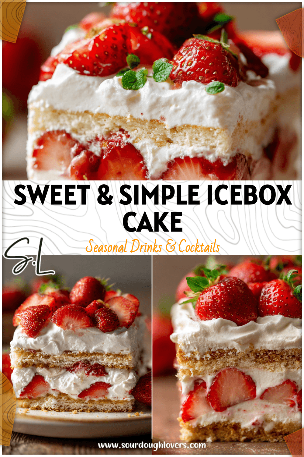 A layered Strawberry Shortcake Icebox Cake topped with fresh strawberries and whipped cream.